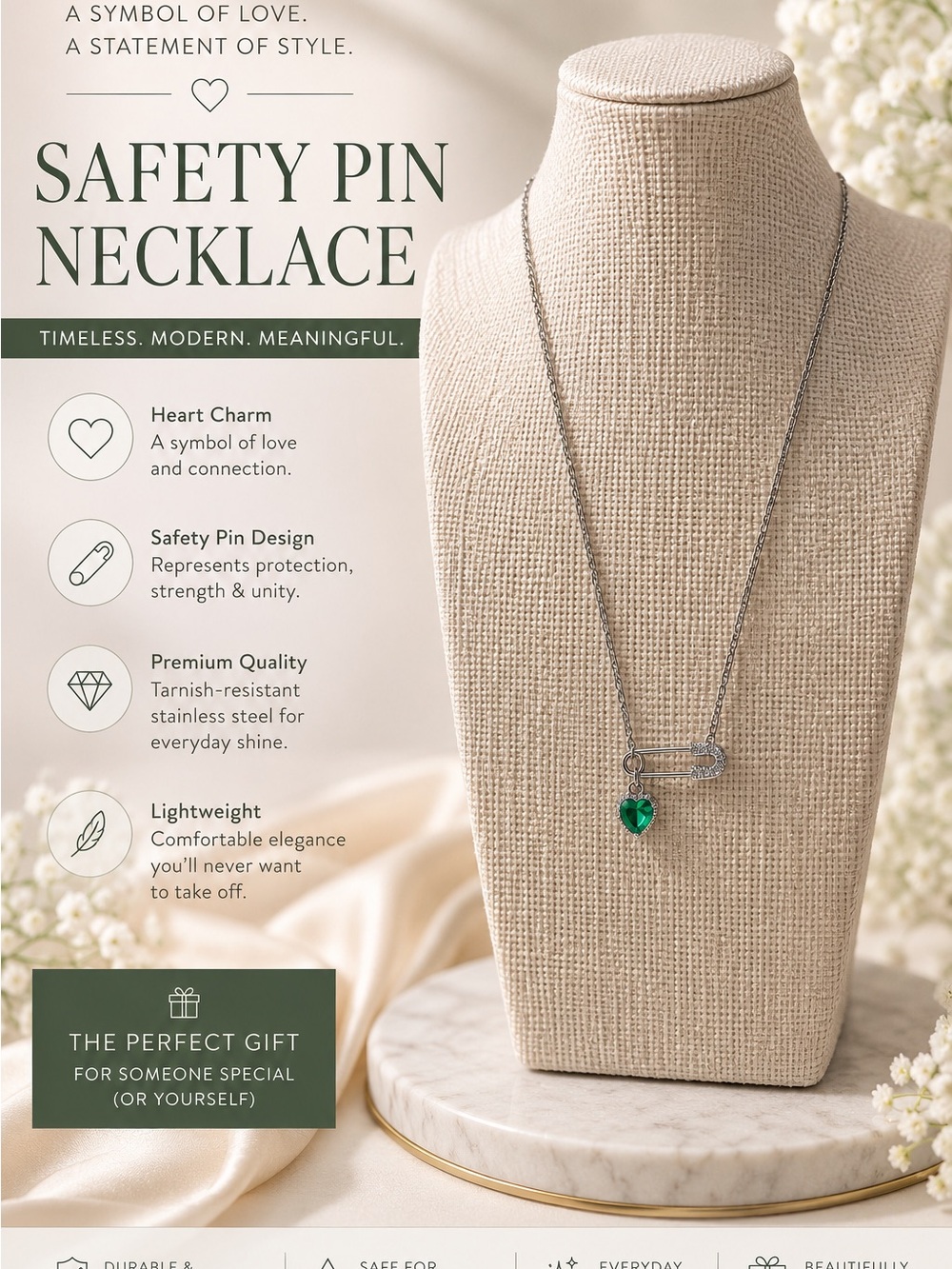 Safety Pin Necklace with Green Heart Charm